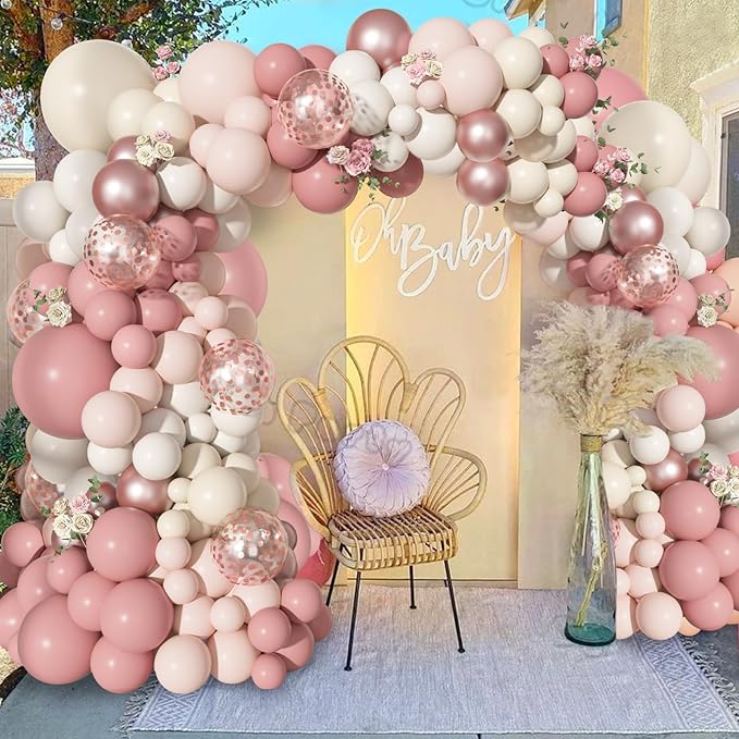Ouddy Life 156Pcs Boho Blush Pink Balloons Arch Garland Kit, Retro Dusty Pink Mother's Day Balloons Nude Rose Gold Confetti for Girls Baby Shower Weddings Birthday Bachelorette Party Decorations