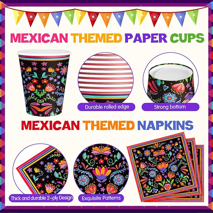 Domensi 200 Pieces Mexican Party Decoration Supplies Serves 50/100 Guests, Mexican Paper Plates Napkins Cups Set Fiesta Disposable Tableware for Cinco De Mayo Taco Tuesday Birthday Party Decorations