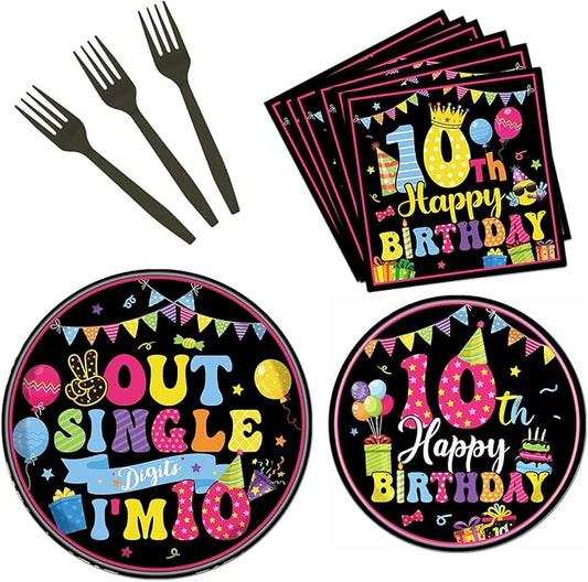 10th Birthday Tableware Decorations, 96PCS Out Single Digits Party Plates and Napkins Set, Colorful I'm 10 Disposable Dinnerware Supplies Serves 24