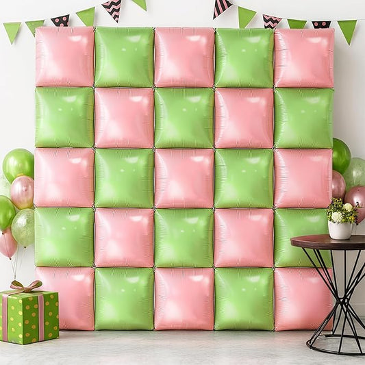KatchOn, Pink and Green Square Foil Balloons Wall Backdrop - 19 inch, Pack of 25 | Pink and Green Balloons | Bachelorette Party, Baby Shower | Easter Day Decorations | Wall Backdrop for Easter Decor