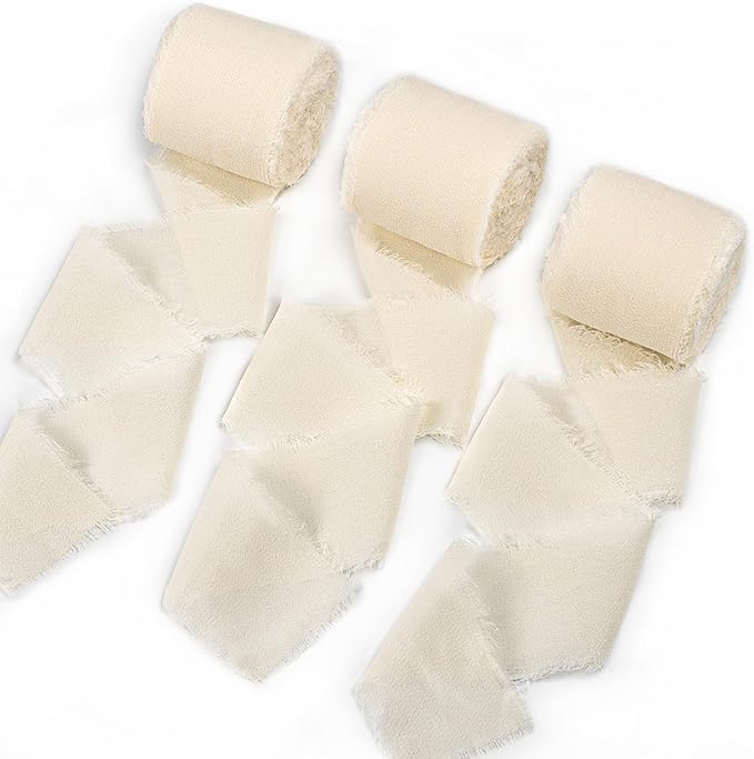 Chiffon Ribbon, Ivory Silk Ribbons, Cream Beige Party Supply, 1.5''x21Yd Handmade Frayed Fringe Ribbon for Wrapping, Floral Vase Decor, for Crafts, Birthday, Wedding, Engagement, 3 Rolls