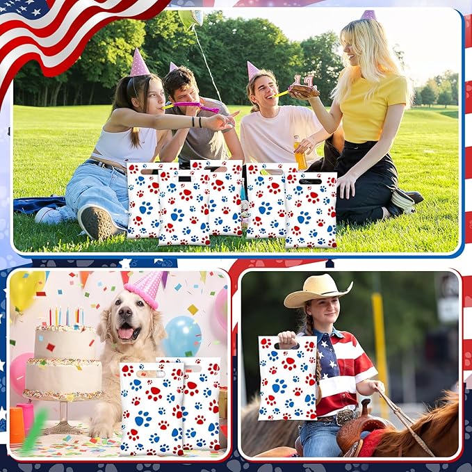 Pasimy 100 Pcs Dog Paw Gift Bags Bulk Pet Paw Puppy Plastic Treat Favor Candy Goodie Bags with Handle for Dog Birthday Party Decoration Supplies (Red White and Blue)
