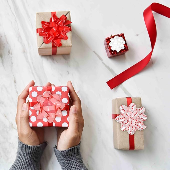 Valentine Gift Wrap Bows and Curling Ribbon Set, Red Pink and White Decorative Self Adhesive Bows with Heart Print Ribbon for Gift Wrapping, Packaging and Valentine’s Day