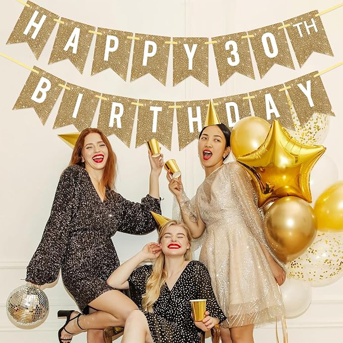 Netnology Pre-Strung Gold Happy 30th Birthday Banner Decorations,12 ft No DIY Gold Glitter 30th Birthday Party Banner Sign Decor for Women Men Girl Boy Party Supplies