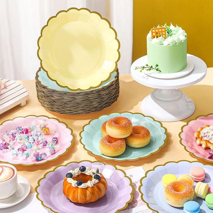 96 Pcs Pastel Paper Plates 9 Inch Colorful Gradient Scalloped Paper Disposable Dinner Dessert Plates for Birthday Wedding Bridal Party Supplies, 6 Colors