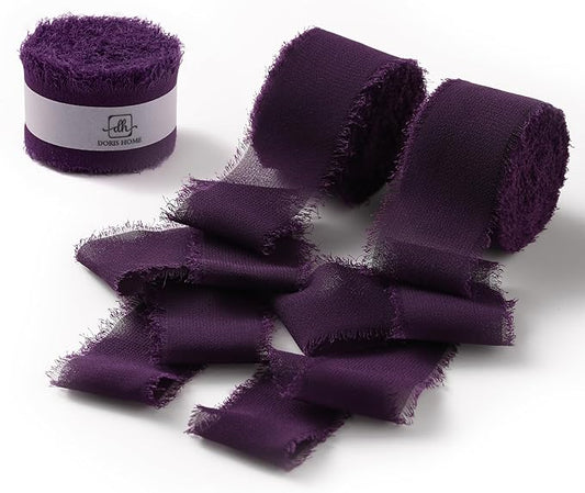 DORIS HOME Plum Chiffon Ribbon for Flower Bouquet, 1" x21Yd Fabric Ribbon for Gift Wrapping, Handmade Frayed Ribbon for Wedding Invitations/Christmas Decorations