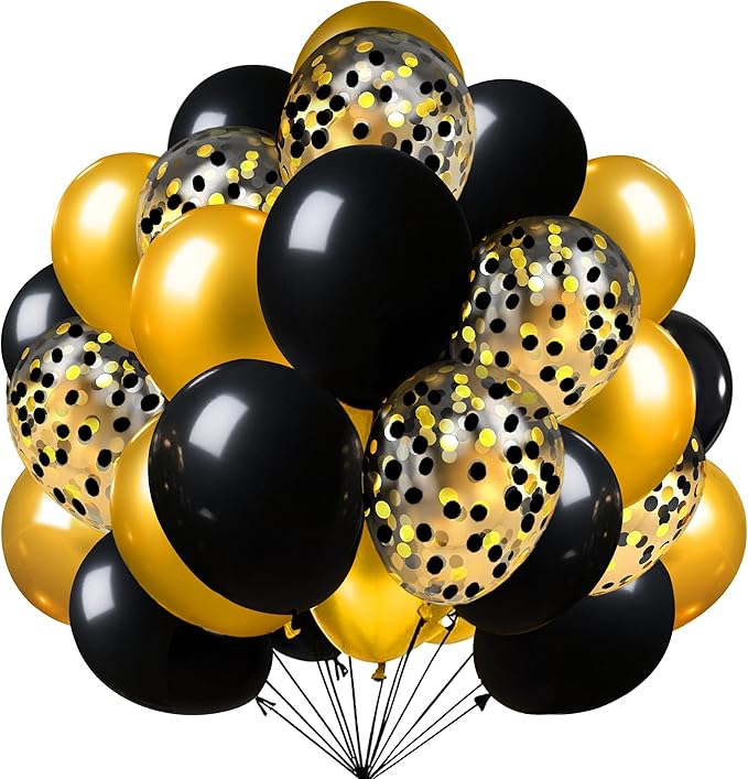 Firomi Metallic Chrome Gold Black Latex Balloons 12 Inch 70 pack Black and Gold Confetti Balloons Set for Graduation Birthday Wedding Party (with 2 Ribbons)
