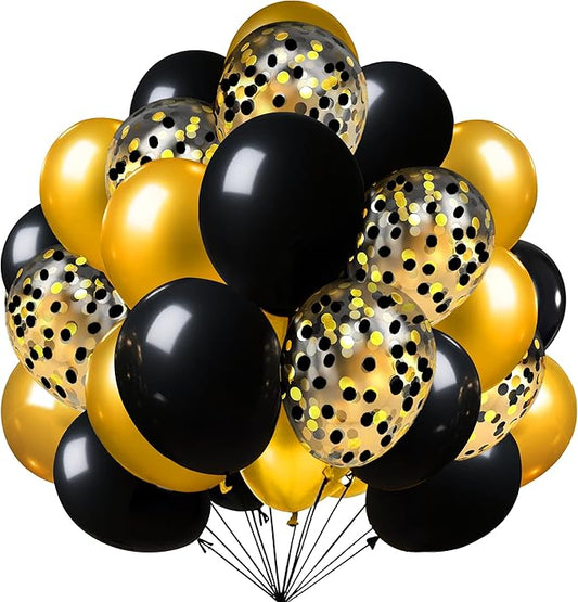 Firomi Metallic Chrome Gold Black Latex Balloons 12 Inch 70 pack Black and Gold Confetti Balloons Set for Graduation Birthday Wedding Party (with 2 Ribbons)