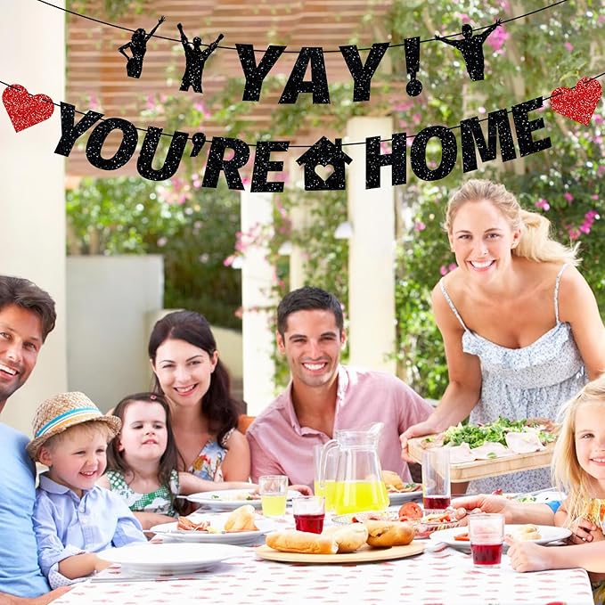 Pre-Strung Yay! You’re Home Banner, NO DIY Glitter Welcome Home Decorations for Military Army Returning Homecoming Party, Black