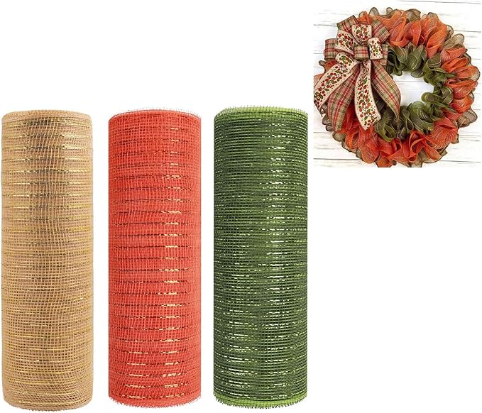 3 Rolls Orange Moss Green Burlap Deco Mesh Ribbon for Wreath Making Supplies, 10 Inch x 30FT Metallic Foil Deco Mesh Fabric for Fall Thanksgiving Halloween Door Wreath Swags and Decorating