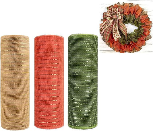 3 Rolls Orange Moss Green Burlap Deco Mesh Ribbon for Wreath Making Supplies, 10 Inch x 30FT Metallic Foil Deco Mesh Fabric for Fall Thanksgiving Halloween Door Wreath Swags and Decorating
