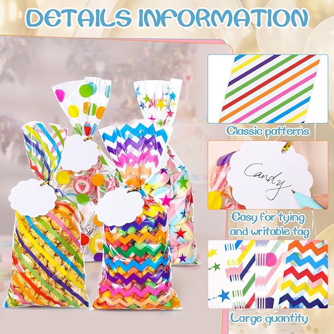 woric 100 Set Rainbow Cellophane Treat Bags 5 x 10.6 Inch Clear Candy Party Favor Bags with 100 Gift Tags and Twist Ties for Mother's Day Rainbow Colorful Party Baby Shower Decorations