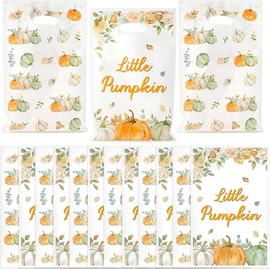 Haooryx Sage Green Pumpkin Party Favor Bag - 50 Pcs Little Pumpkin Plastic Goodie Candy Treat Bag with Handle Gift Wrap Decoration for Kids Birthday Baby Shower Halloween Decoration Party Favor Supply