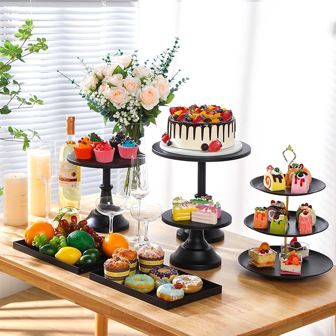Tioncy 7 Pcs Cake Stand Set Metal Cupcake Holder Dessert Table Display Cupcake Display Plate Serving Platter Dessert Table Stands and Trays Set for Baby Shower Wedding Birthday Xmas Party (Black)