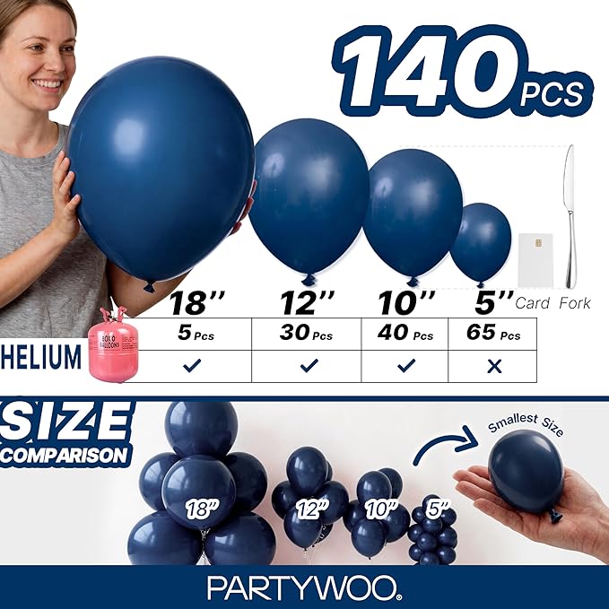 PartyWoo Navy Blue Balloons 140pcs Different Sizes of 18 12 10 5 Inch Dark Blue Balloon Arch Kit Garland for Graduation Wedding Sports Theme Boy Baby Shower Men Birthday Party Decorations Blue-Y72
