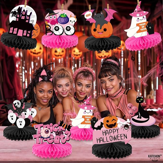 KatchOn, Pink and Black Halloween Centerpieces for Tables - Pack of 12 | Spooky Boo Halloween Table Centerpieces, Pink Halloween Decorations | Halloween Party Centerpieces, Halloween Table Decorations
