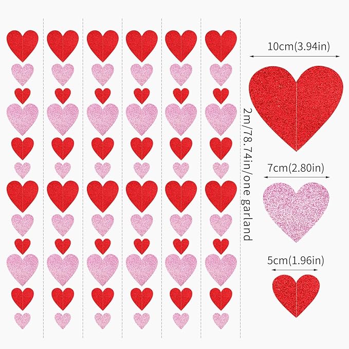 Galentines Valentines Party-Decorations Heart Garland - 6pcs Glitter Pink Red Love Hanging Streamers,Romantic Special Night Baby Shower Wedding Anniversary Ceiling Banner Backdrop Decor Burgleda