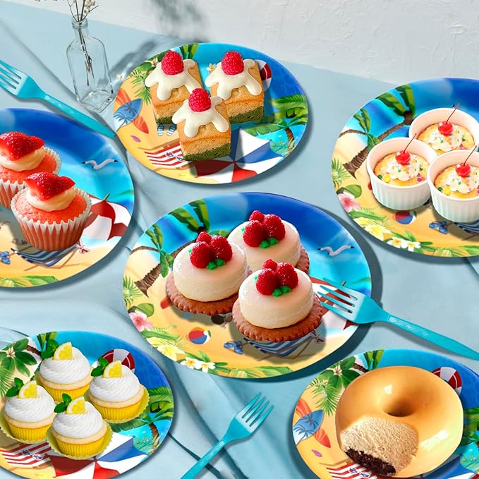 96 Pcs Beach Party Supplies Summer Beach Plates and Napkins Set Summer Decorations Tableware for Hawaiian Party Decorations, Serve 24