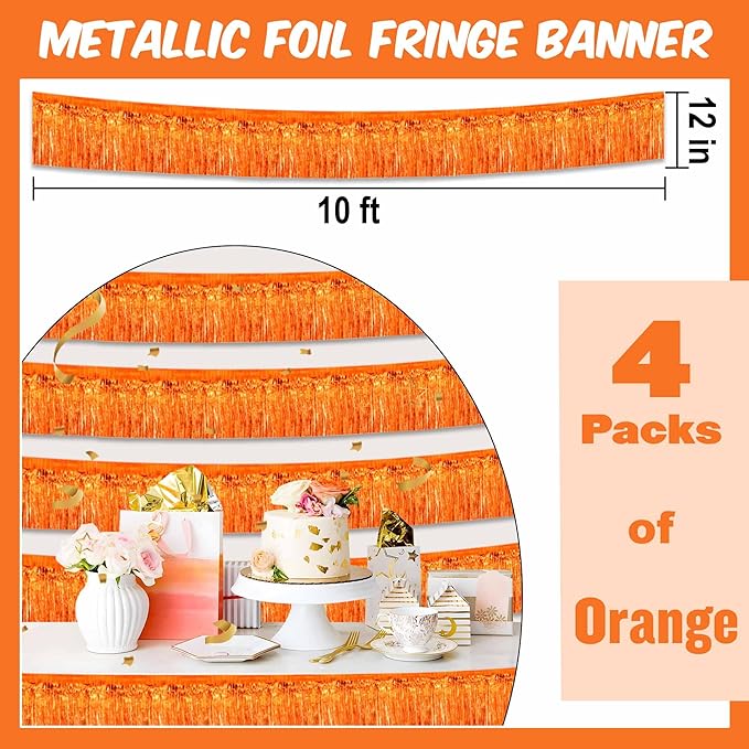 4 Pack 10 Ft Orange Foil Fringe Garland Metallic Streamers Tinsel Banner Wall Hanging Garland Backdrop for Parade Floats, Halloween, Christmas, Thanksgiving, New Year Party Decorations