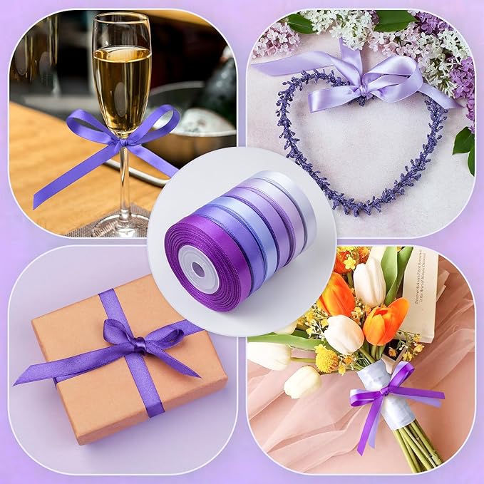 Purple Satin Ribbon 3/8 Inch Wide Lavender Light Purple Lilac Ribbon Assorted Solid Color Double Faced Satin Ribbon for Flower Bouquet Wedding Invitation Crafts Gift Wrapping Hair Bows - 60Yds