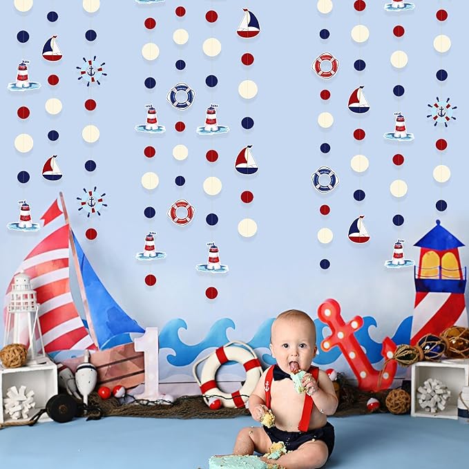 Nautical Party Decorations Red Blue Beige Circle Dots Garland Hanging Paper Polka Dot Streamer for Birthday Wedding Baby Shower Bachelorette Nautical Ahoy Achor Pirate Theme Party Decorations Supplies