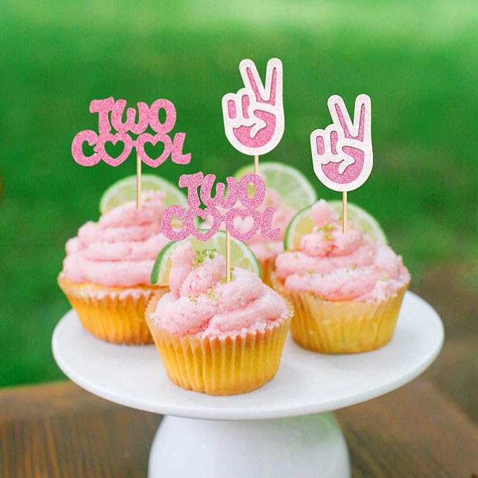 Ercadio 24 Pack Two Cool Cupcake Toppers Glitter Pink Two Cool Happy 2nd Birthday Cake Picks Baby Shower Kids Second Birthday Party Cake Decorations