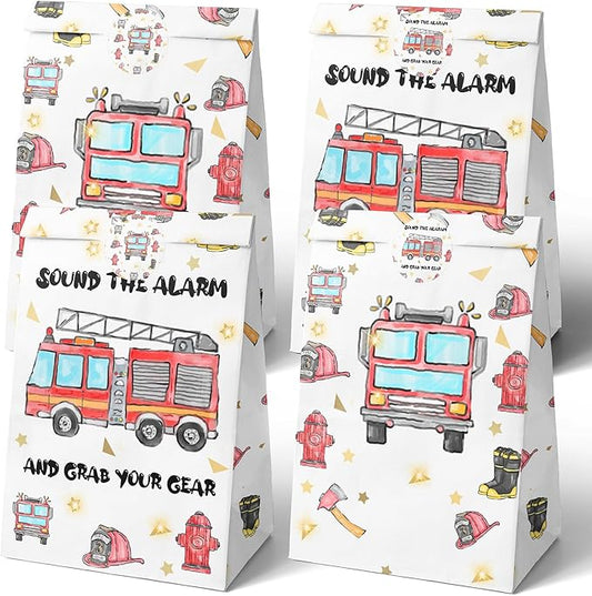 Watercolor Firetruck Party Favor Bags - 24 Pcs Firetruck Party Candy Bags with Stickers - Firetruck Goodie Gift Treat Bags - Watercolor Firetruck Themed Birthday Party Supplies
