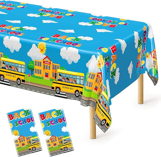 Back to School Supplies, 2 PCS 108 x 54 Inches First Day of School Tablecloth, Disposable Colorful Welcome Back to School Plastic Rectangle School Bus Pattern Tablecover for Preschool Party Decoration