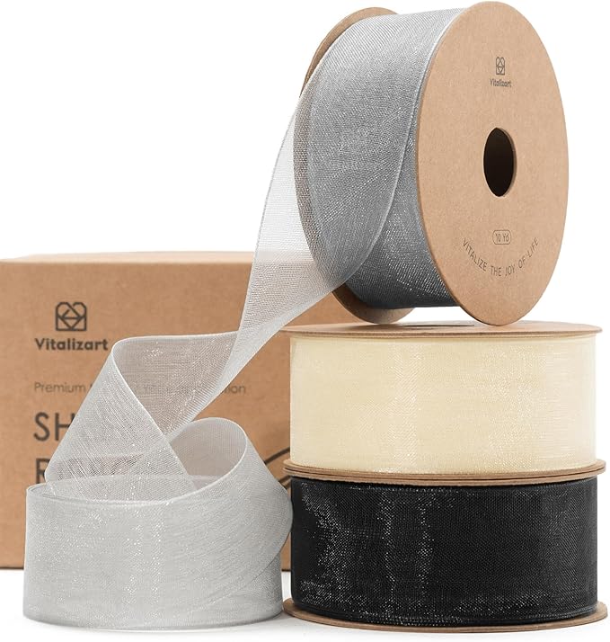 Vitalizart White Black & Silver Organza Sheer Ribbon Set 1 inch x 30 Yd in Total Handmade Fabric Ribbons for Gift Wrapping Christmas Tree Crafts Bows Wedding Invitations Wreaths Wrap