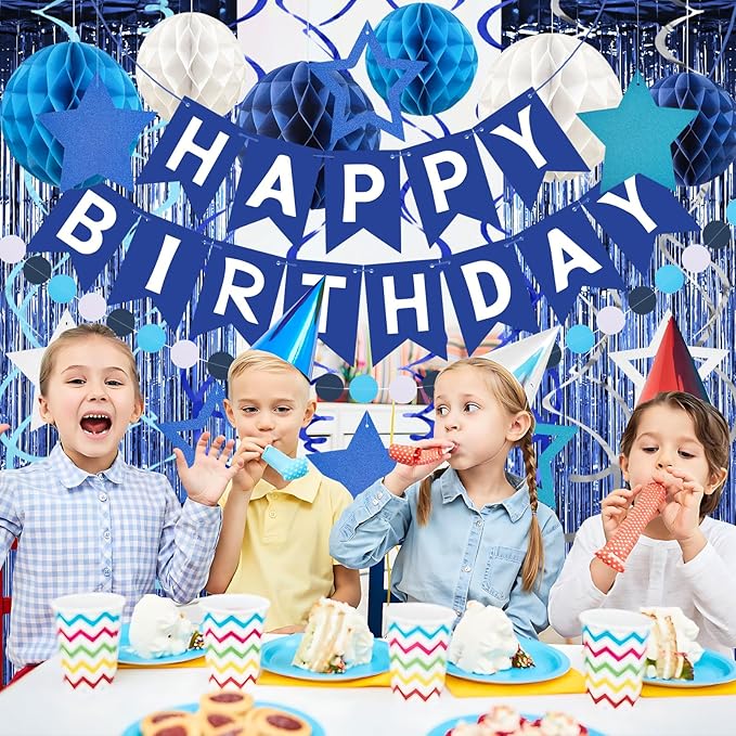 ZERODECO Birthday Decorations, Happy Birthday Banner with Paper Honeycomb, Star Hanging Swirl, Fringe Curtain, Garland, Birthday Party Decorations for Women Men Boys Girls (Navy Blue)