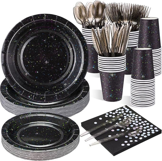 Hushee 175 Pcs Black Holographic Print Party Supplies Guests Disposable Dinnerware Set Include Paper Plates, Napkins, Cups, Plastic Cutlery for Wedding Birthday Disco Bachelorette