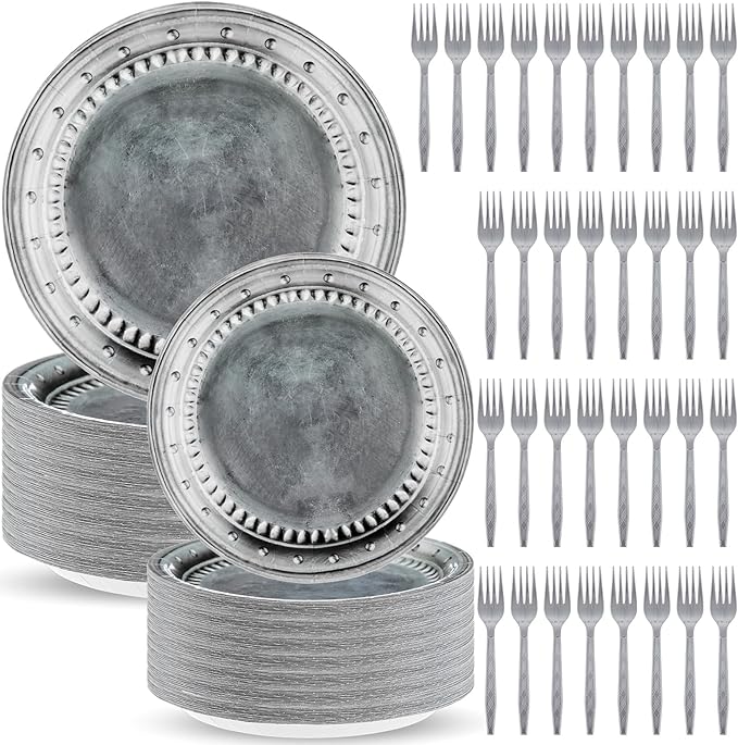 Jingmore 180 Pcs Medieval Party Supplies Disposable Pewter Paper Plates and Forks Tableware Set for Pirate Knight Castle Halloween Decorations Dinner Silver Grey 9" and 7'' Serves 60（Classic Style）