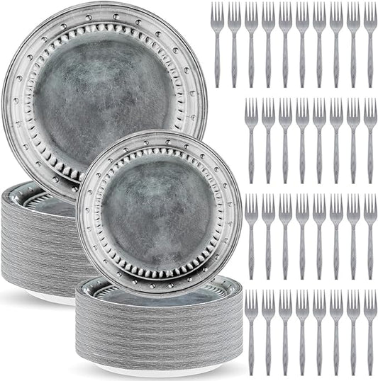Jingmore 180 Pcs Medieval Party Supplies Disposable Pewter Paper Plates and Forks Tableware Set for Pirate Knight Castle Halloween Decorations Dinner Silver Grey 9" and 7'' Serves 60（Classic Style）