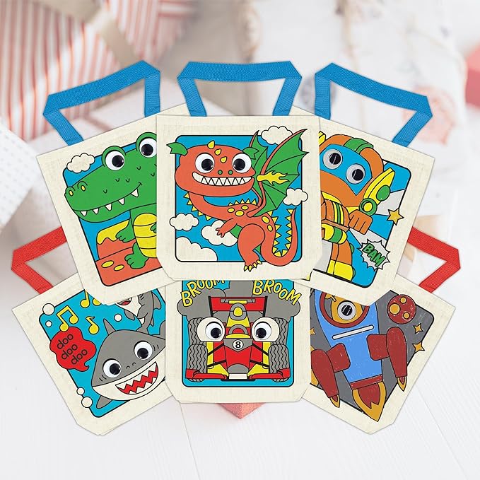 6 Pieces Kids Coloring Goodie Bags, Reusable Canvas Bag, Cute Art Party Favors, Color Your Own Bags for DIY Painting Birthday Carnival Celebration, Party Supplies Gift, Boys