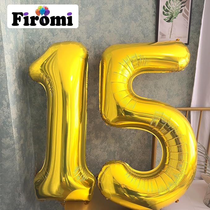 FIROMI 15 Number Balloons Gold Big Giant Jumbo Huge Foil Mylar 15 Balloon Numbers for 15th Birthday Party Anniversary Events Decorations 40-inches
