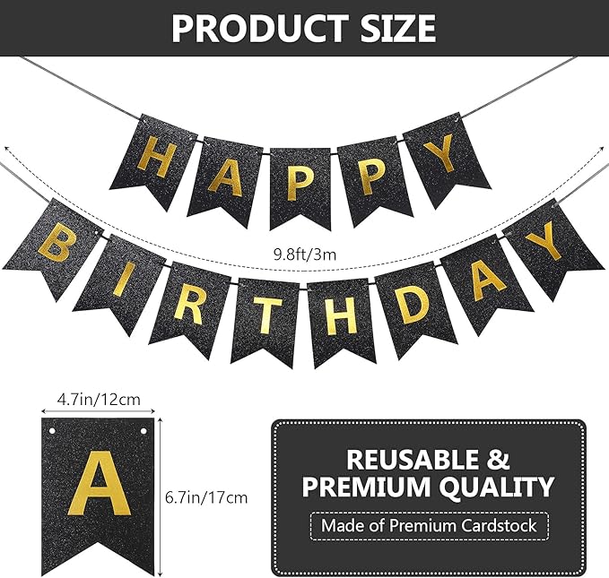 Clabby Glitter Black Happy Birthday Banner with Shiny Letters Happy Birthday Shiny Glitter Hanging Signs Bunting for Party Supplies Hanging Backdrop Decoration
