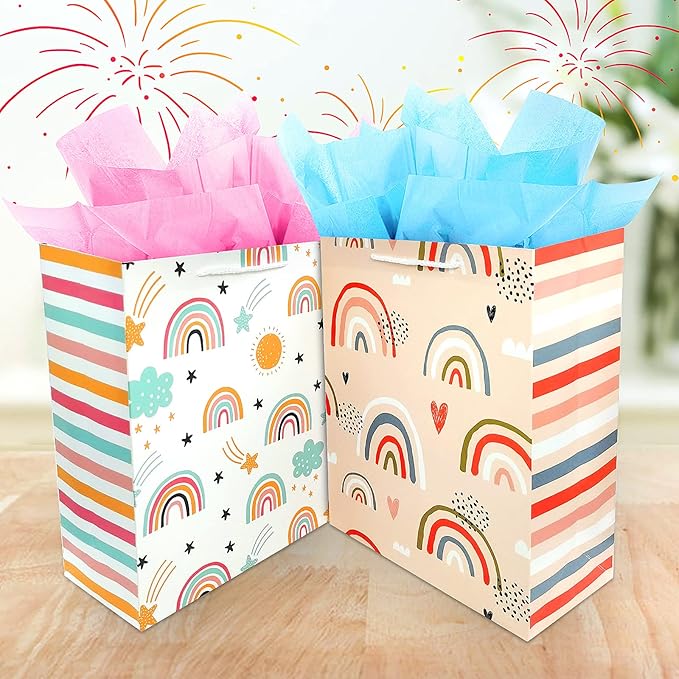 Gift Bag for Girls, Birthday Large Gift Bag Bulk Set Included 2 Pack Paper Gift Bags with Tissue Paper, Rainbow Gift Bags for Kids, Baby, The Colorful Pink Red Gift Bags with Handles, The Pretty Present Bag Gift Bags for Birthday, Party, Baby Shower (1...