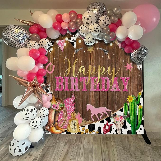 Mocsicka Western Backdrop - Cowgirl Happy Birthday Backdrop, Western Birthday Party Decorations, Pink for Grils Birthday Party Photography Background Supplies (Pink, 7x5ft (82x60 inch))