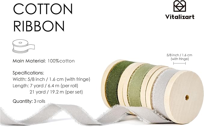 Vitalizart Green Cotton Ribbon Handmade Fringe 5/8" x 21 Yd Pure Natural Cotton Ribbons for Gift Wrapping Wedding Invites Bridal Shower Bouquets Holiday Decor
