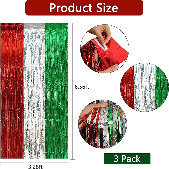 BEISHIDA 3Pcs Red Silver Green Door Streamer Christmas Day Backdrop Foil Fringe Tinsel Merry Christmas Curtains Backdrops for Christmas Day Party Decoration (3.28 ft x 6.56 ft)