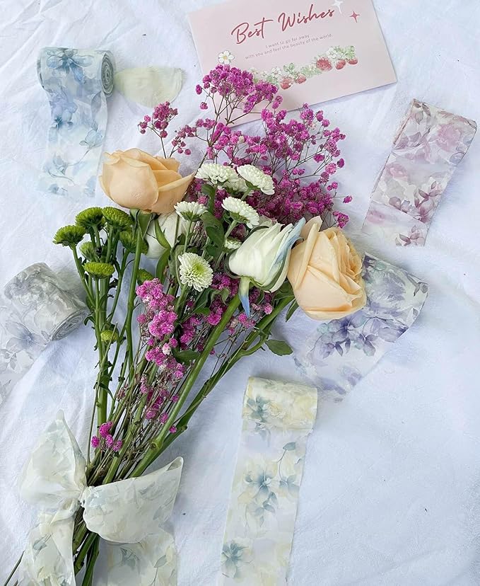 5 Rolls Chiffon Ribbon with Rose Floral Patterns Print | 2" x5 Yards Frayed Edge Craft Ribbons for Wedding Bouquets, Gift Wrapping, Party Decorations