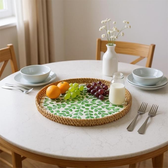 Round Rattan Tray with Mother of Pearl Inlay, Handwoven Wicker Coffee Table Serving Basket Tray for Fruit Snack Party Picnic Cafe Bedroom Kitchen Home Decor Set of 2 (Green Wicker)