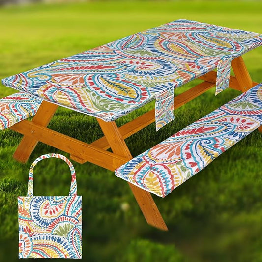 Fitted Picnic Table Cover with Bench Covers Waterproof Elastic Edges Rectangle Patio Tablecloth Outdoor Camping Essentials Stuff Rv Accessories Summer Trip Travel Supplies Party Camper Gifts, 8 ft