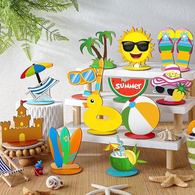 Marsui 12 Pcs Summer Beach Decor Set Tropical Hawaii Tiered Tray Decor with Wood Blocks Beach Pool Balls or Table Centerpieces Kitchen Shelf Wedding Garland Home Decoration