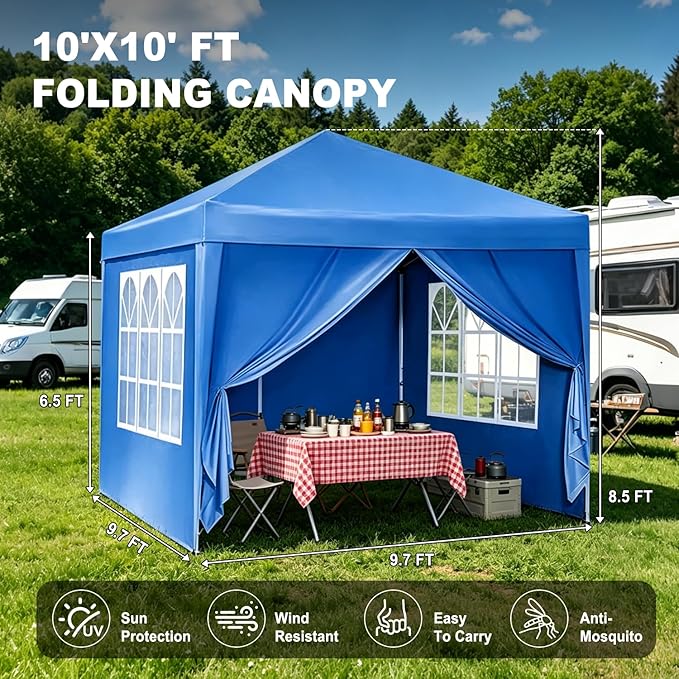 10x10 Pop Up Canopy Tents for Parties, Portable Outdoor Tent with Carry Bag & 4 Sandbags, for Wedding, Patio Events, Commercial, Birthday, Graduation (Blue, 10x10)