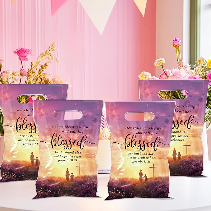 MOIZYNG 50Pcs Mothers Day Gift Bags with Handles, Christian Religious Bible Verse Plastic Candy Treat Goodie Bags for Women Mom Mother's Day Church Party Favors Supplies