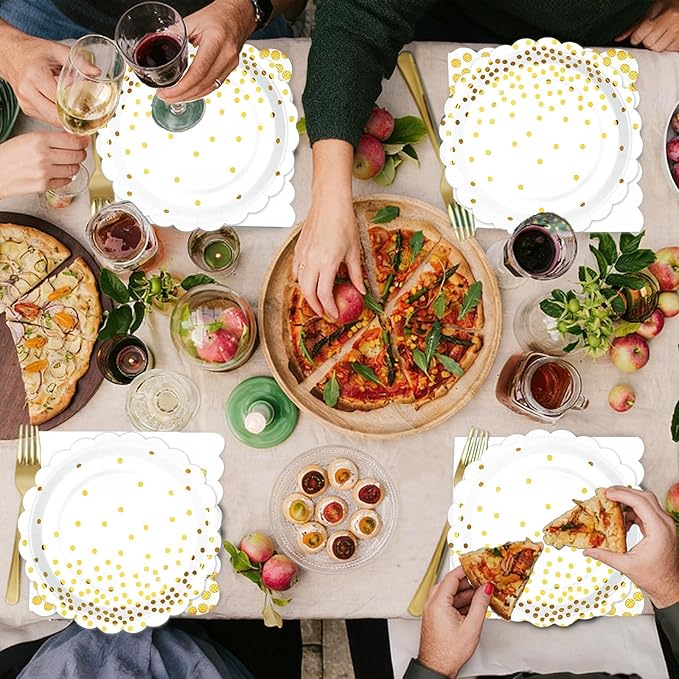Gold Plates and Napkins Party Supplies, 35 7??White and Gold Party Paper Plates, Disposable Plate for Wedding Birthday Birthday Decoration Tableware