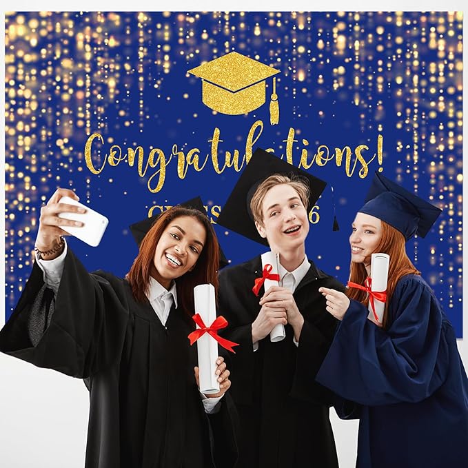 Mocsicka Class of 2026 Backdrop Blue Gold Glitter Bokeh Graduation Party Background 2026 Congrats Grad Prom Party Cake Table Decoration Photo Booth Props (8x6ft)