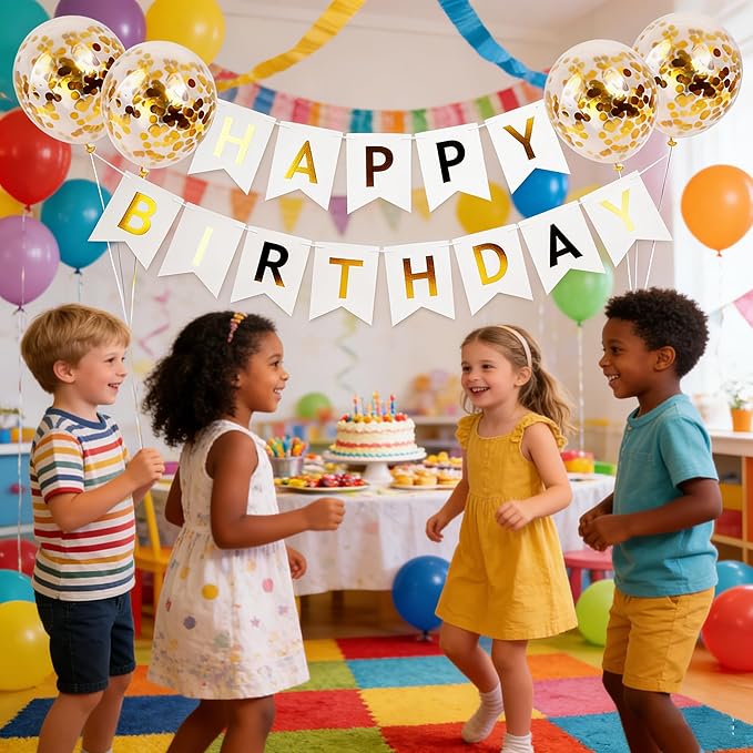 Happy Birthday Banner Sign Bunting Hanging Decorations with Shiny Gold Balloons Birthday Party Sign Decor for Party Supplies(white)