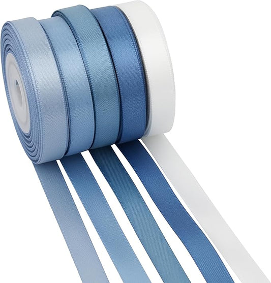 French Blue Ribbon 3/8 Inch, Dusty Blue Double Face Satin Ribbon 5 Rolls 50 Yards, Thin Ribbon for Wedding, Baby Shower, Invitations, Gift Wrapping, Crafts
